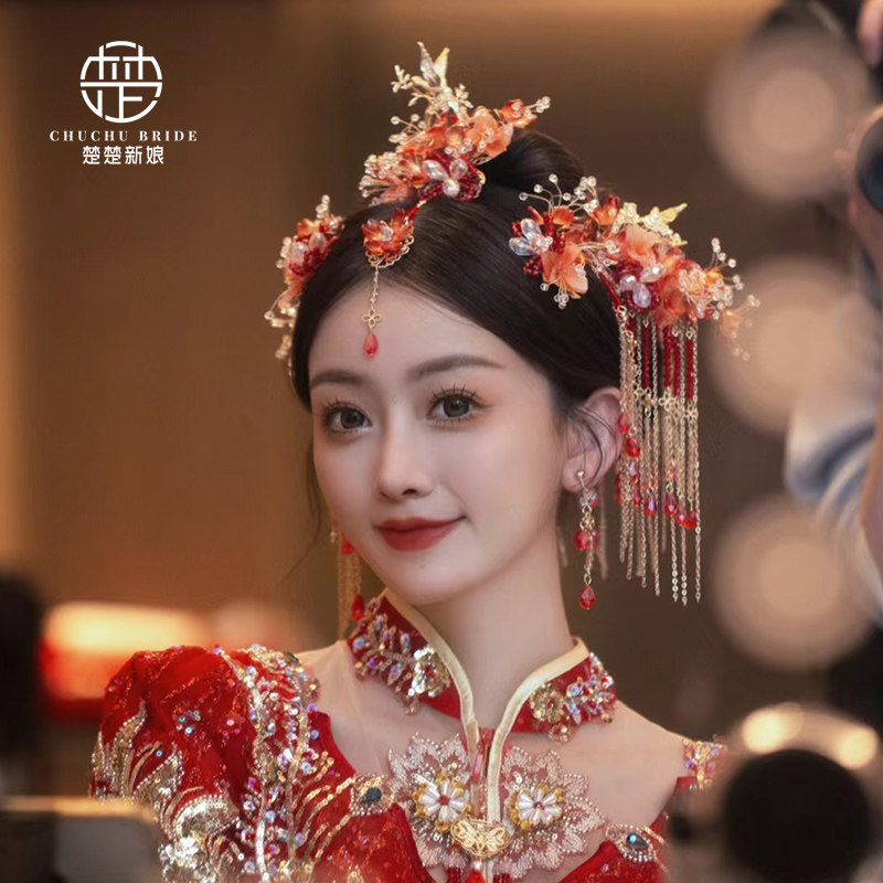 新娘秀禾头饰奢华大气红色琉璃水晶结婚发饰古典秀禾服汉服配饰品