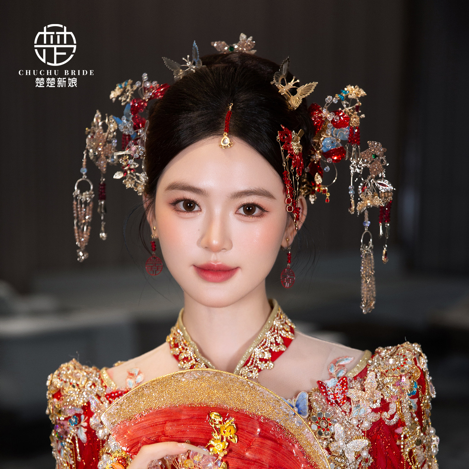 金红色秀禾新娘头饰滴胶花朵中式婚礼发饰旗袍龙凤褂配饰品跟妆款