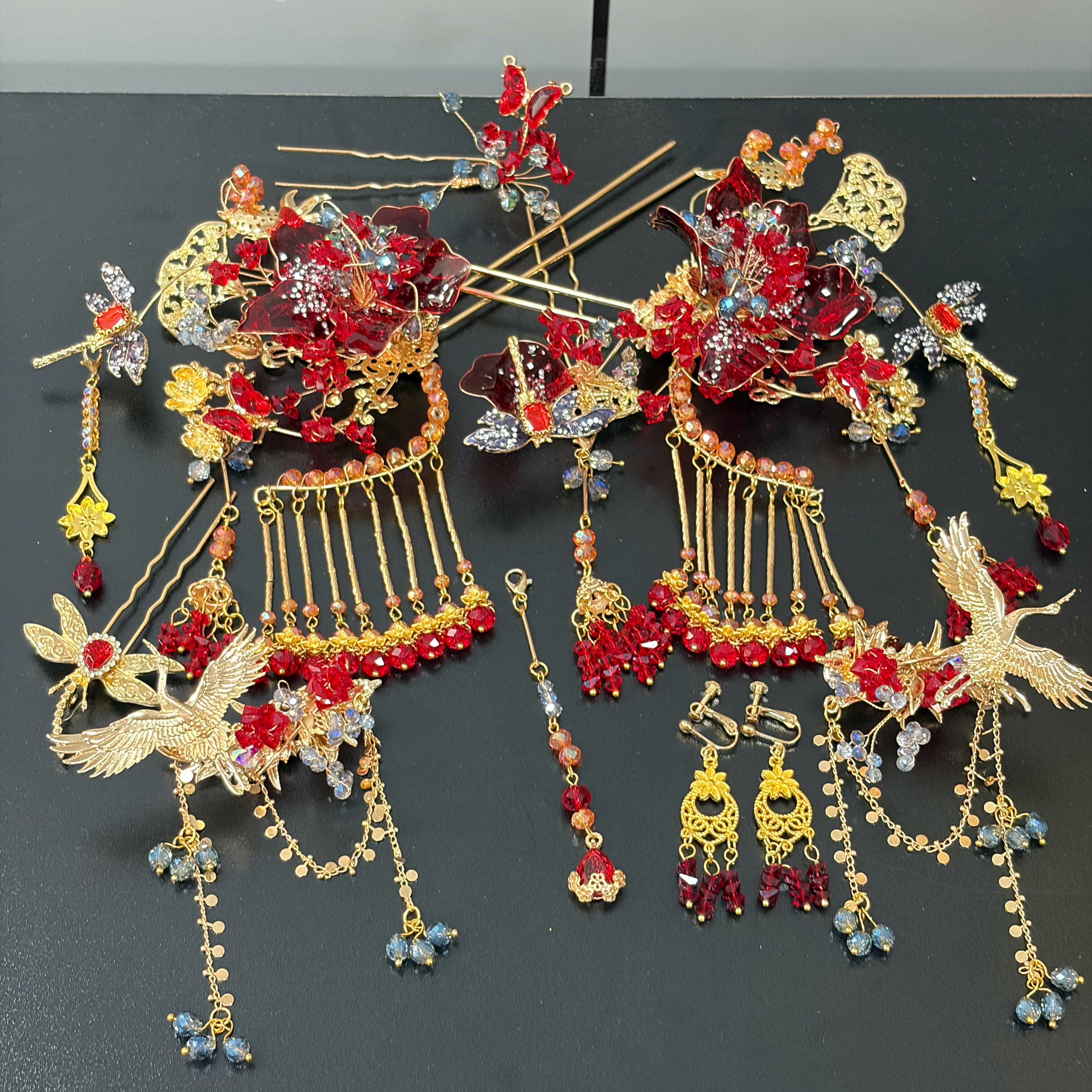 新中式新娘红金蓝流苏步摇发饰