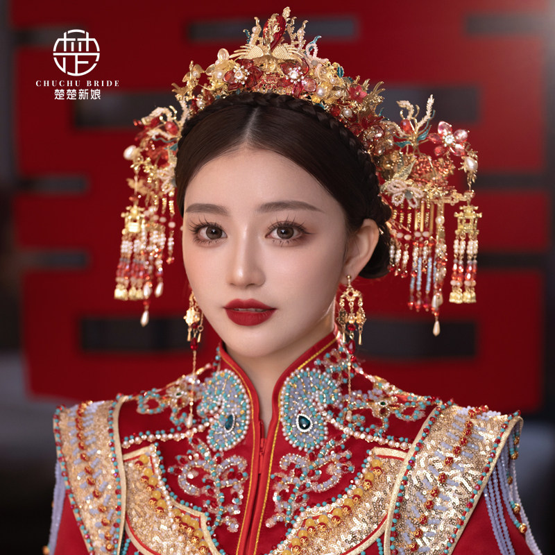 秀禾头饰中式复古新娘结婚凤冠红色流苏步摇减龄凤冠明制婚嫁发饰
