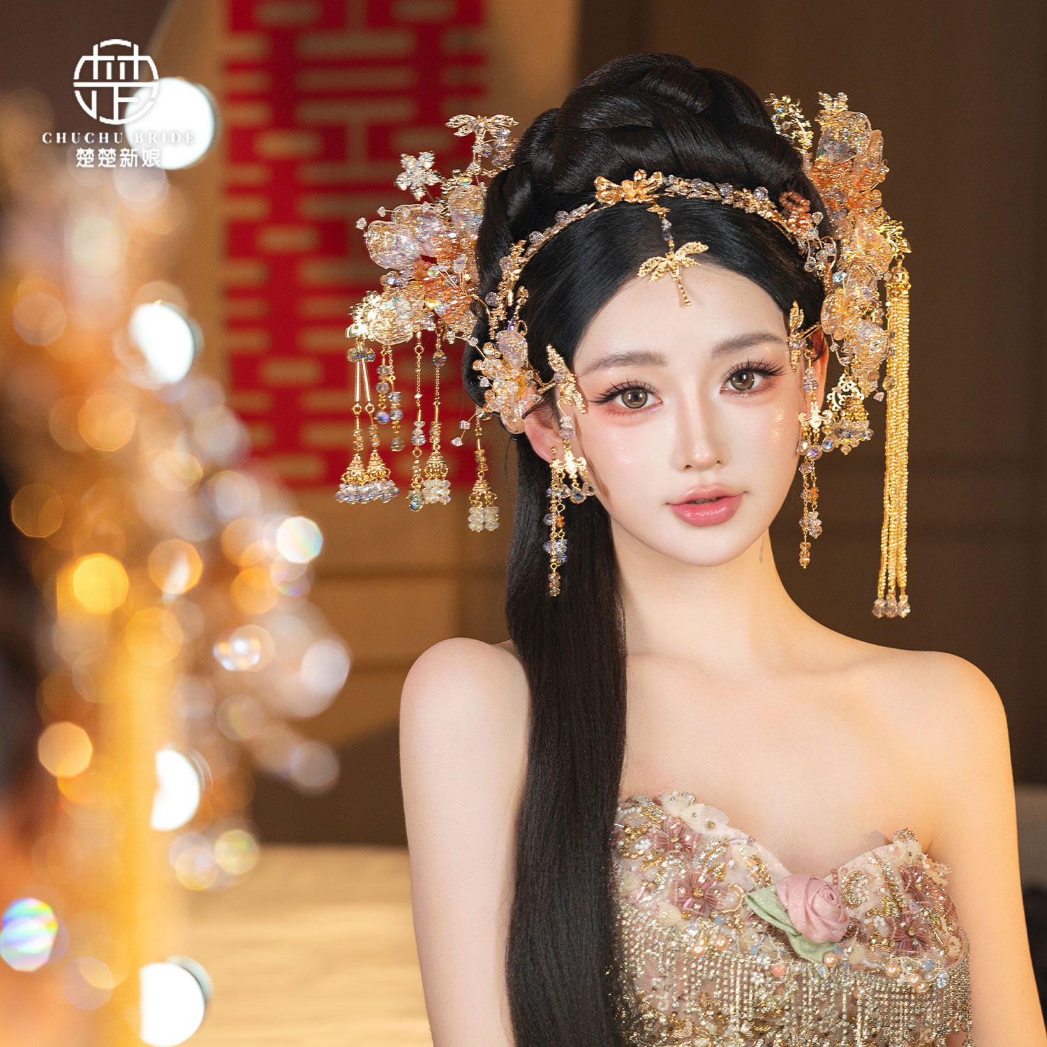 新中式秀禾头饰百搭金色古装汉服晨袍饰品发箍蜻蜓额饰套装婚礼女