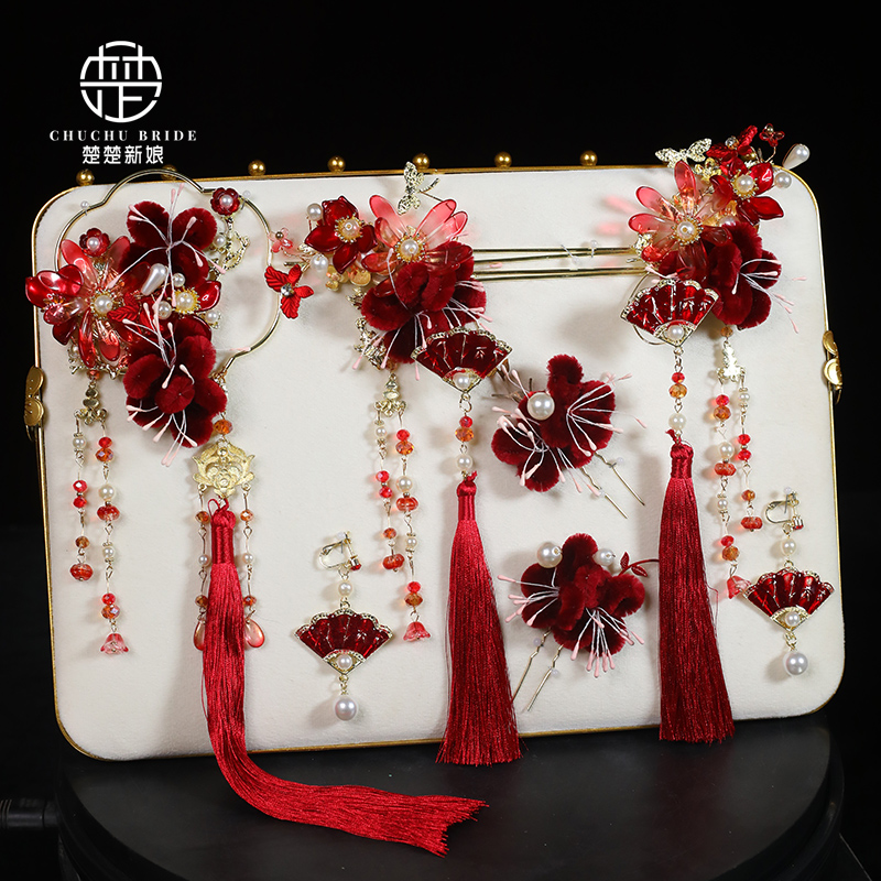 新中式红色绒花流苏头饰新娘秀禾服古风步摇敬酒服发饰礼服配饰品