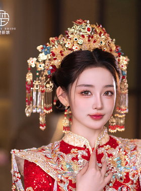 新娘头饰新中式金红色奢华凤冠结婚礼服秀禾龙凤褂宫廷娘娘发饰