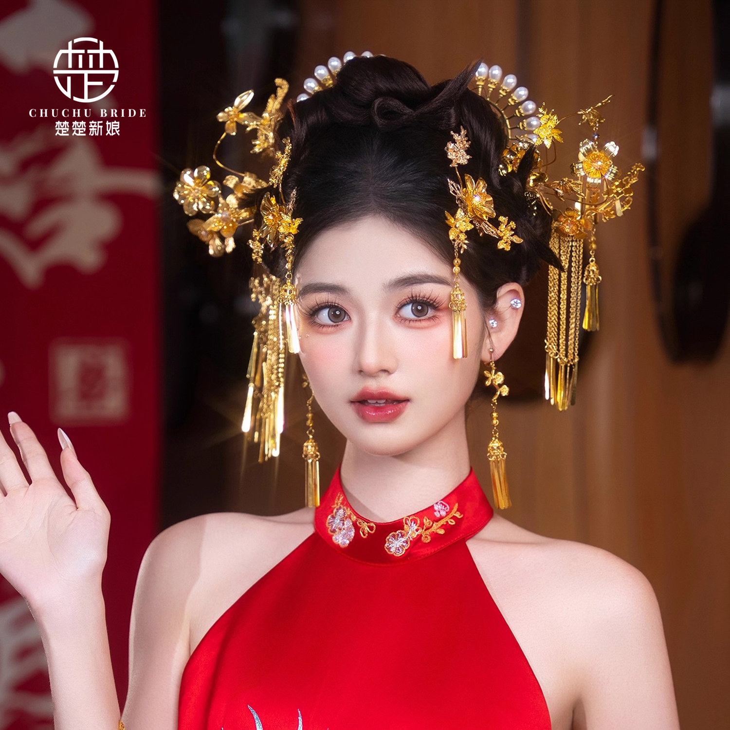 金色秀禾新娘中式头饰花朵流苏发簪古风滴胶花朵结婚礼服减龄发饰
