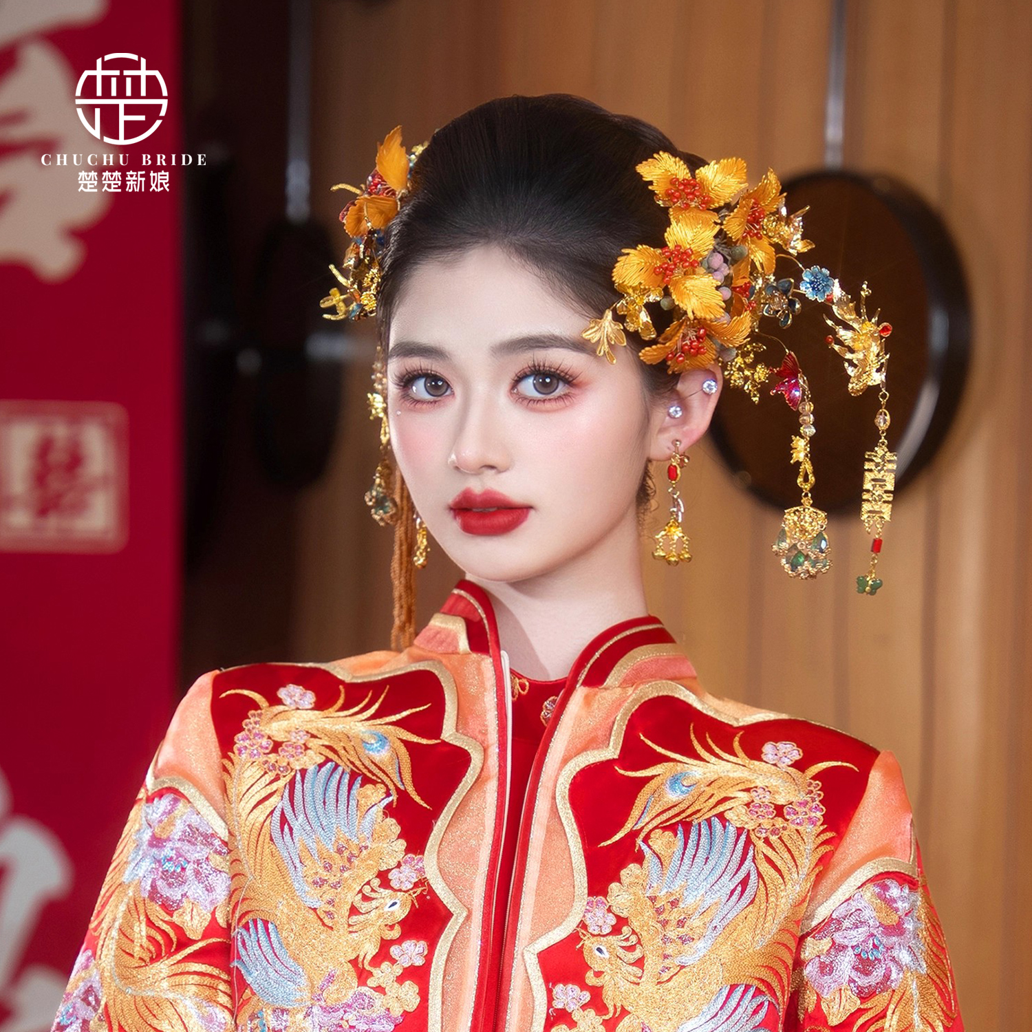 新中式新娘头饰金色花朵秀禾头饰结婚国风旗袍龙凤褂发饰品减龄