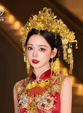 新款金色凤冠中式婚礼汉服发冠造型复古秀禾头饰旗袍龙凤褂发饰品