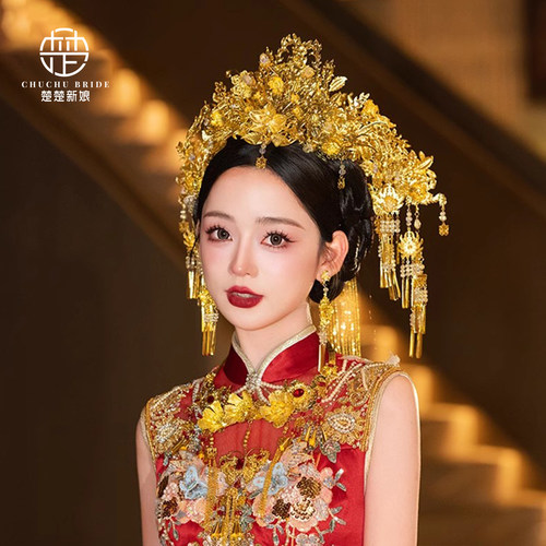 新款金色凤冠中式婚礼汉服发冠造型复古秀禾头饰旗袍龙凤褂发饰品