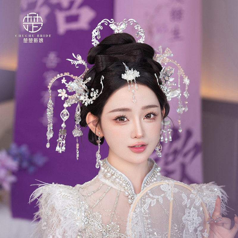 新娘头饰新中式白月光浅色水晶雾霾蓝秀禾服发饰古风汉服头饰高级