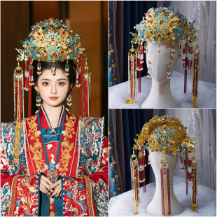新中式新娘凤冠头饰眉心坠流苏金色秀禾发饰结婚大气汉服发冠配饰