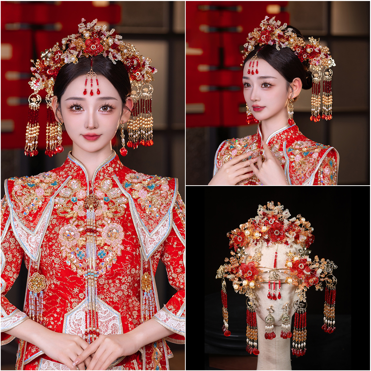 新款简约红色秀禾头饰