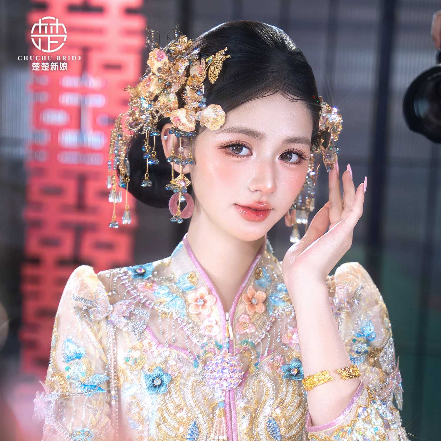 新中式宋锦花朵新娘发夹