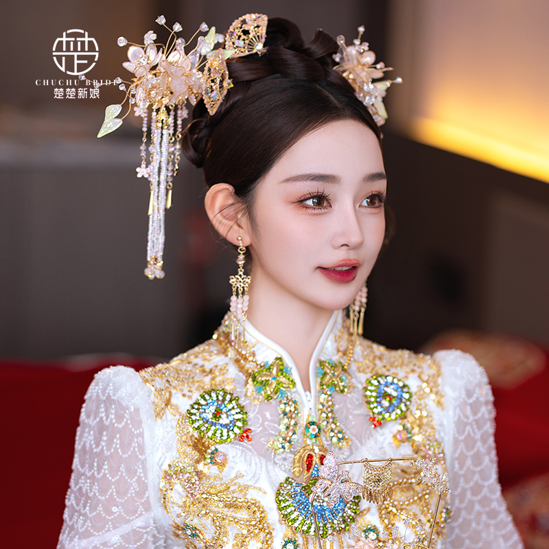 新娘中式头饰古减龄唯美汉服结婚饰品古典盘发古风秀禾服浅色发饰