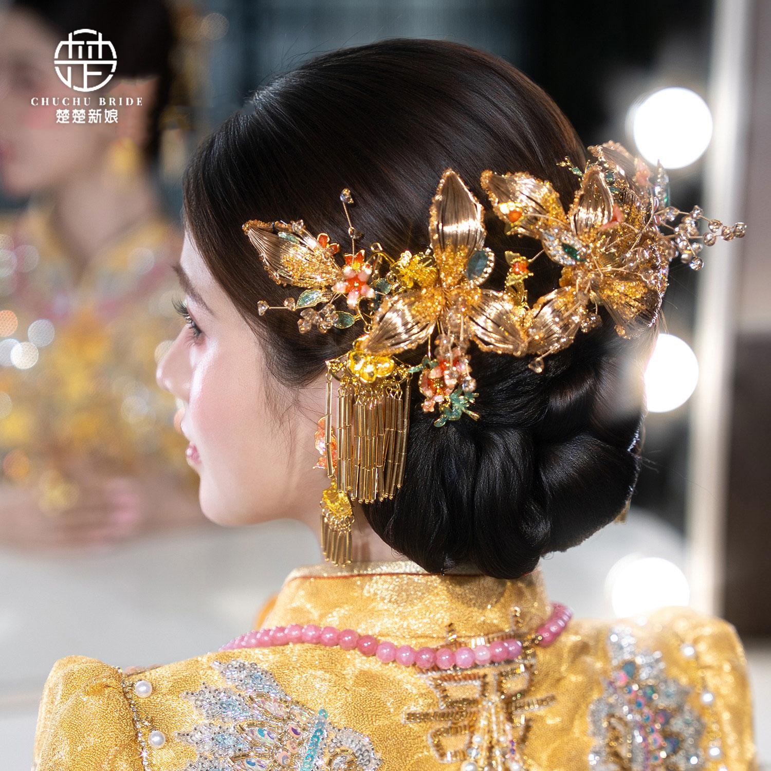新娘中式金色掐丝流苏发钗