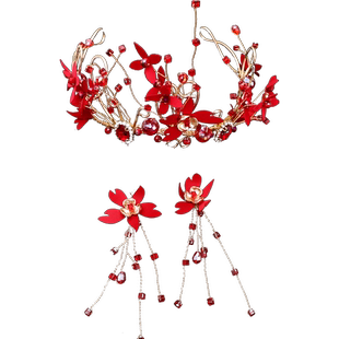 楚楚新娘结婚头饰红色超仙发箍皇冠发饰耳环套装礼服敬酒服配饰品