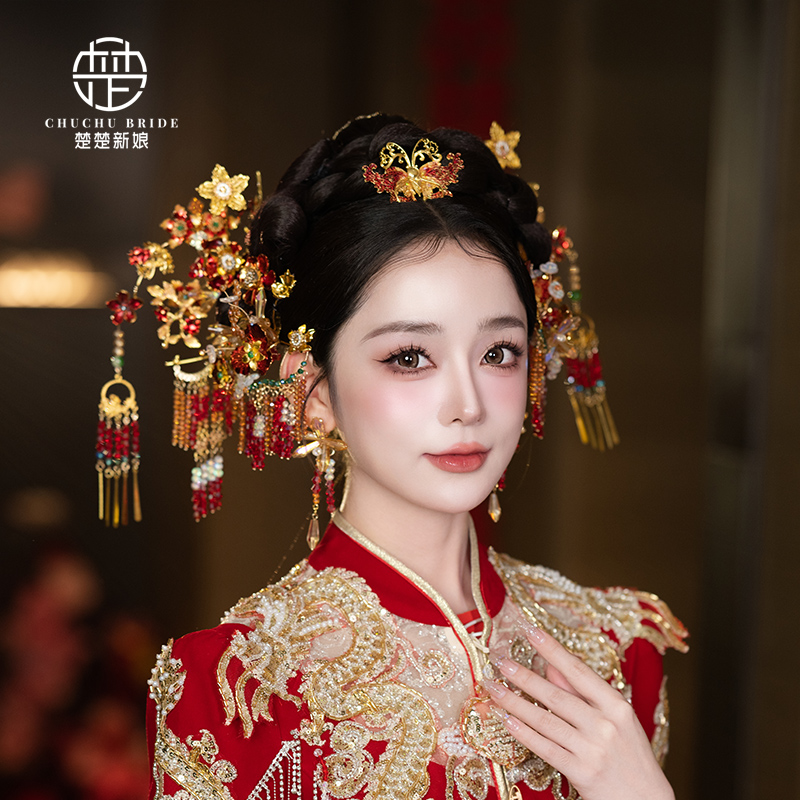 新娘头饰结婚发饰金红色造花液花朵古典造型盘发秀禾中式古风发饰