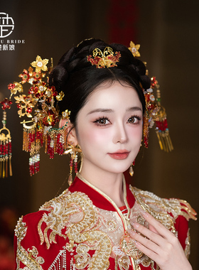 新娘头饰结婚发饰金红色造花液花朵古典造型盘发秀禾中式古风发饰