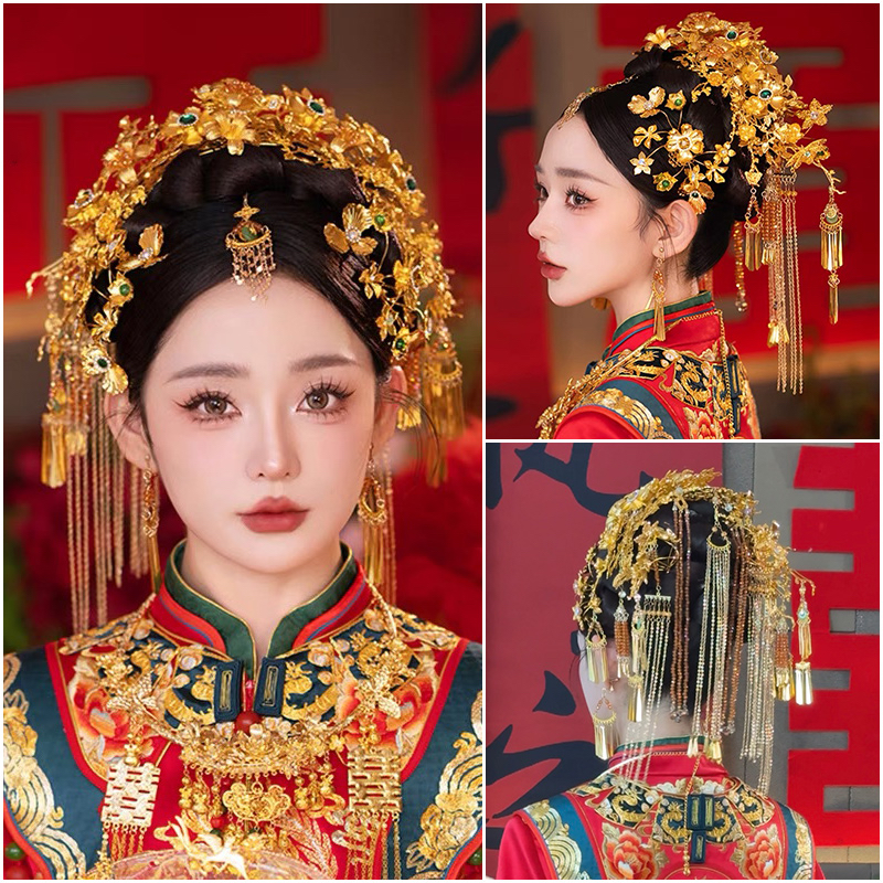 秀禾头饰2025新款奢华大气中式发冠金色凤冠眉心坠汉服配结婚饰品