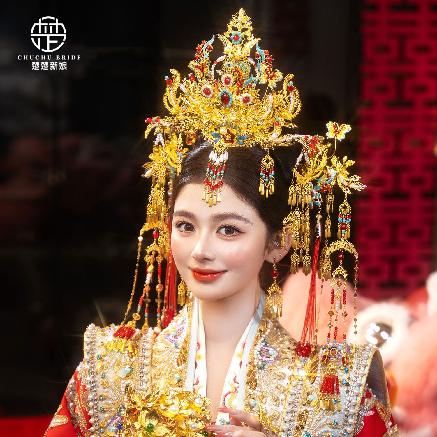 中式婚礼汉服凤冠头饰秀禾服龙凤褂配饰高级感婚礼大冠端庄大气款图片