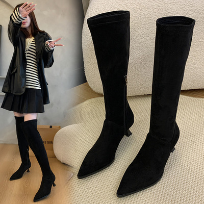 691-8-9胖MM过膝长靴绒面高筒靴粗腿大筒围长筒靴瘦瘦靴大码女靴