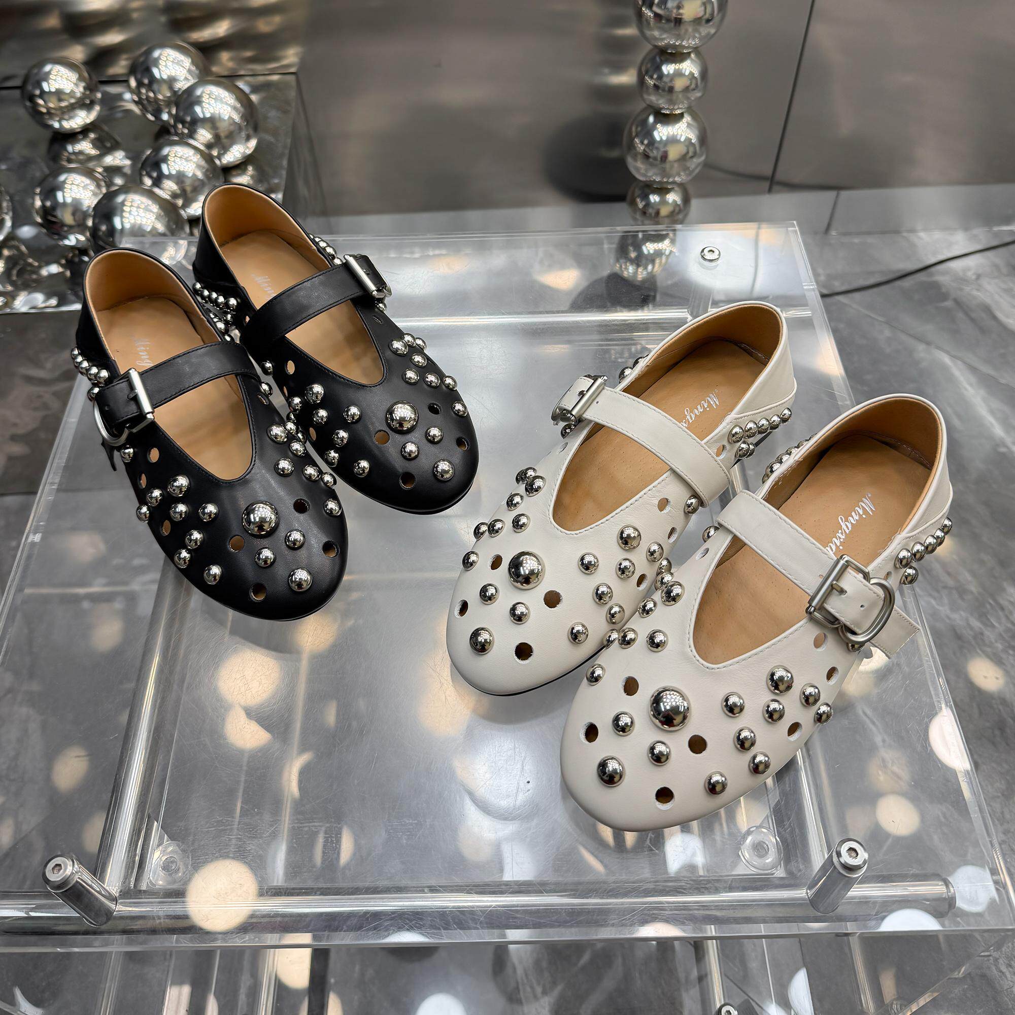 2026春季新款胎牛纯皮软底舒适芭蕾舞鞋金属铆钉复古浅口玛丽珍鞋