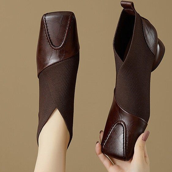 【现货】703法式深口单鞋女2025秋冬新款方头粗跟毛线口弹力短靴,女鞋,深口单鞋,淘宝优惠券,粉丝福利购,淘宝优惠卷