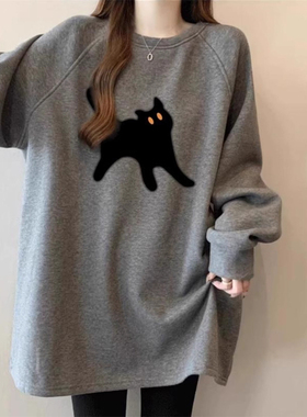 灰色中长款慵懒长袖卫衣女秋季欧货大版插肩打底衫配鲨鱼裤的上衣