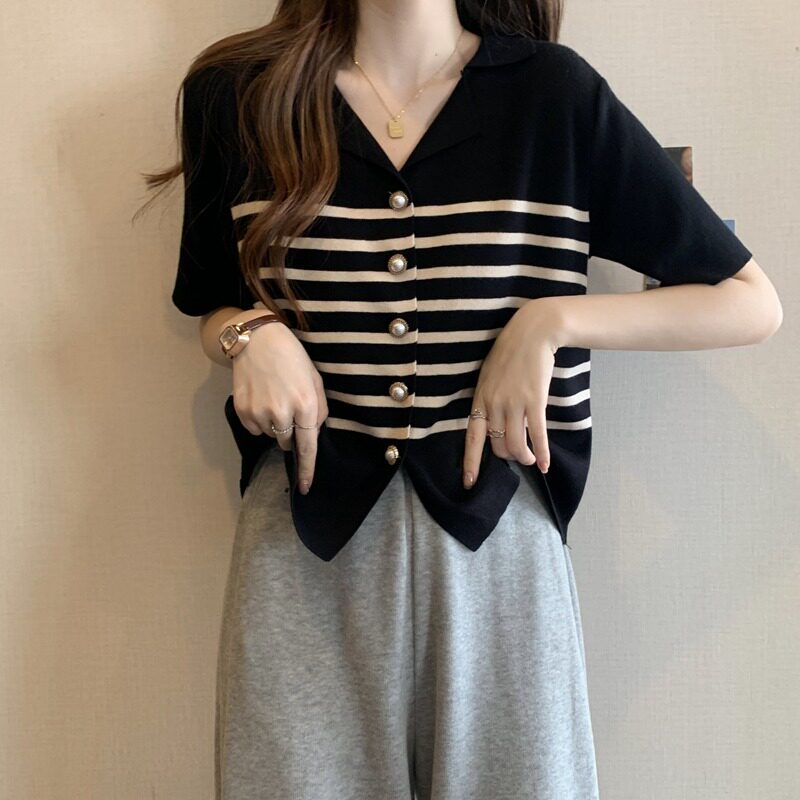 条纹短袖T恤女装2026夏装新款洋气减龄大码五分袖V领针织开衫上衣