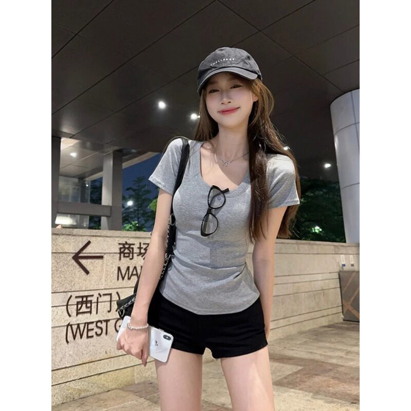 灰色U领正肩短袖T恤女2026新款夏季薄款辣妹修身独特漂亮掐腰上衣