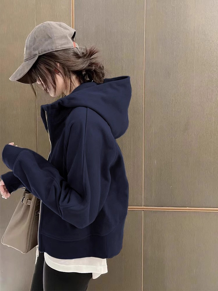 藏青色连帽卫衣外套女2025秋春穿搭运动休闲百搭短款拉炼开衫上衣