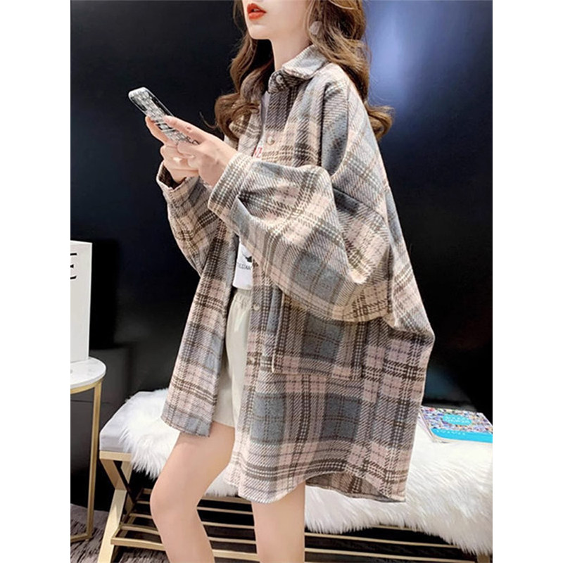 复古港味磨毛加厚中长款格子衬衫外套女秋冬新款宽松休闲百搭上衣