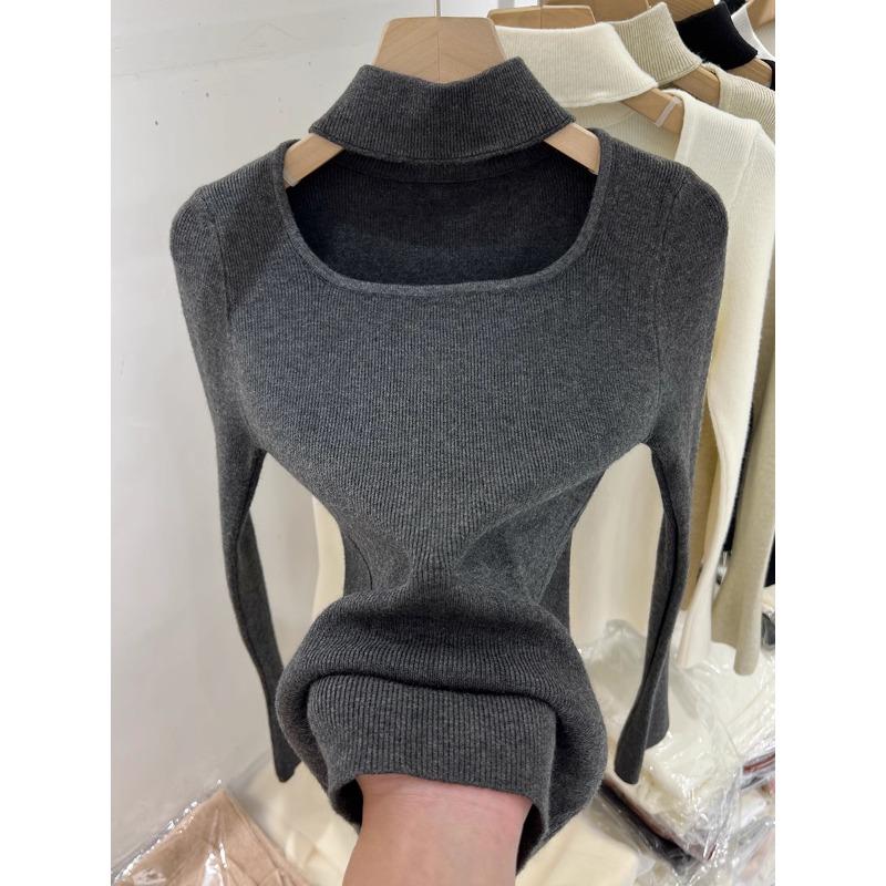 灰色镂空挂脖针织打底衫女款秋季性感纯欲风修身内搭U领长袖上衣