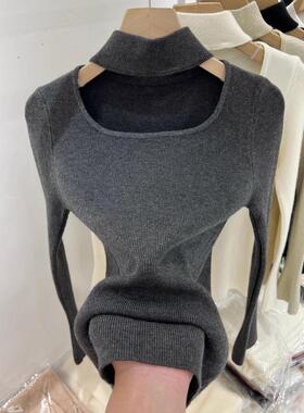 灰色镂空挂脖针织打底衫女款春季性感纯欲风修身内搭U领长袖0103r