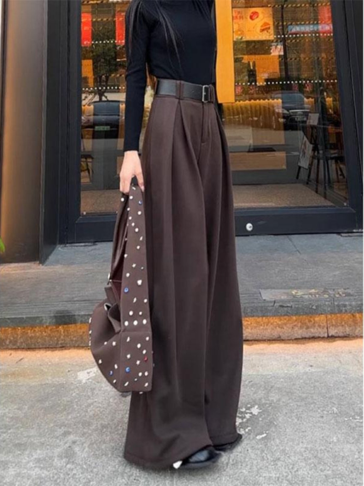 咖色毛呢阔腿裤女秋装直筒裤高腰显瘦拖地裤压褶加绒加长西装裤子