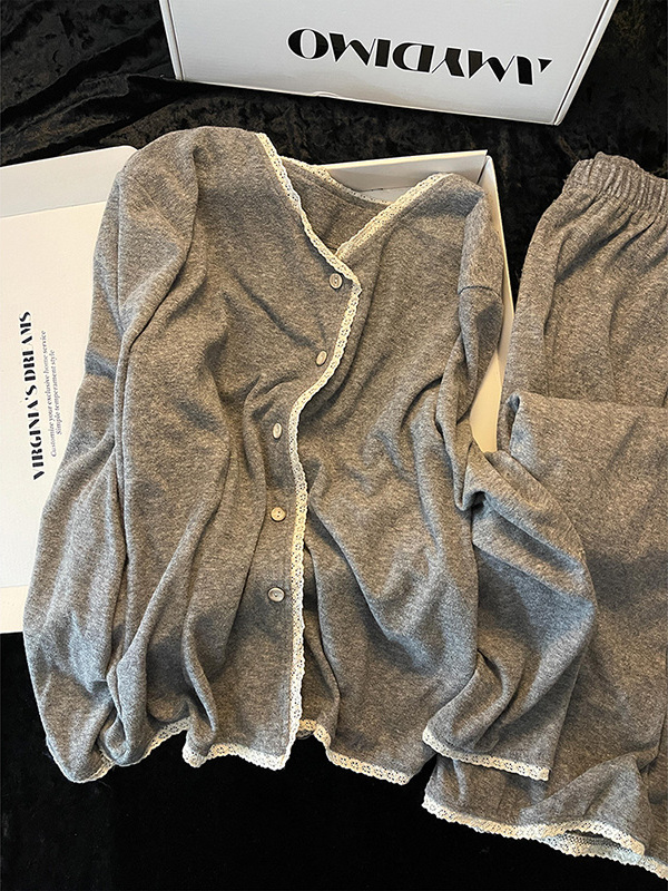 法式甜美风蕾丝长袖睡衣女春秋2025新款休闲长裤套装家居服可外穿