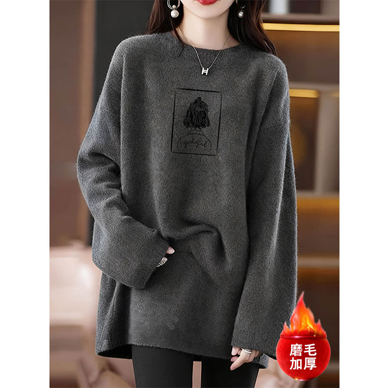 花灰色中长款加绒打底衫女秋冬宽松遮屁股磨毛卫衣配鲨鱼裤1210r