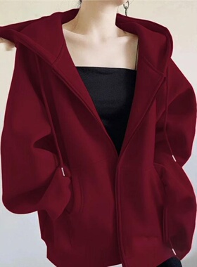 安领红色运动衫夹克女性2025秋季新宽松休闲慵懒风格连帽开衫上衣
