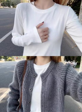 白色圆领正肩长袖T恤2026新款季磨毛内搭打底衫减龄百搭上衣0115k