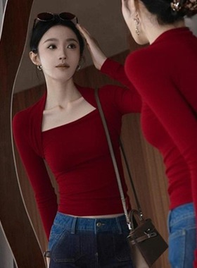 本命年新年红色方领修身长袖T恤季2026新款修身收腰辣妹上衣0115k
