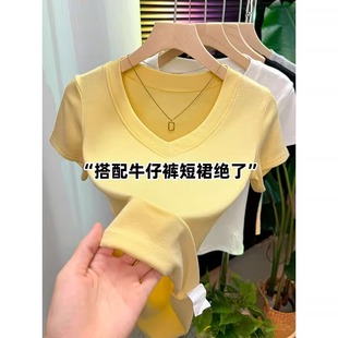 鹅黄色V领短袖 多巴胺正肩上衣ins T恤女2025夏季 柠檬海盐穿搭修身