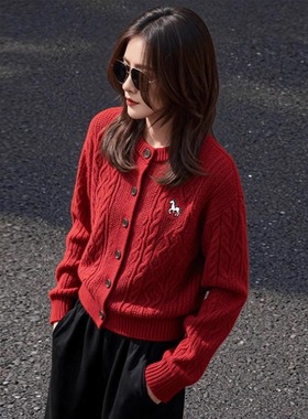 红色绞花软糯毛衣外套秋冬2026新款本命年马年新年穿搭针织0115k