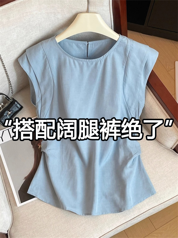 法式蓝色无袖衬衫女款夏季设计感别致褶皱显瘦洋气减龄飞飞袖上衣