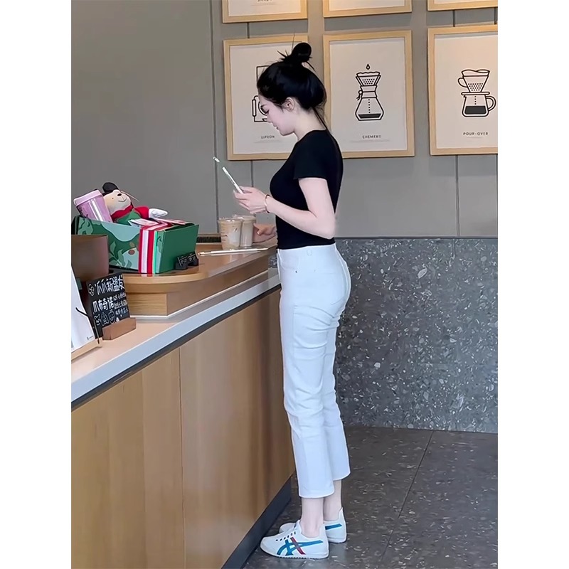 白色直筒牛仔裤女夏季薄款2025新款八分小个子高腰九分窄版烟管裤