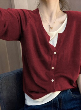 Ankesela红色假两件套头针织女式秋季服装2025新款v领修身套头长