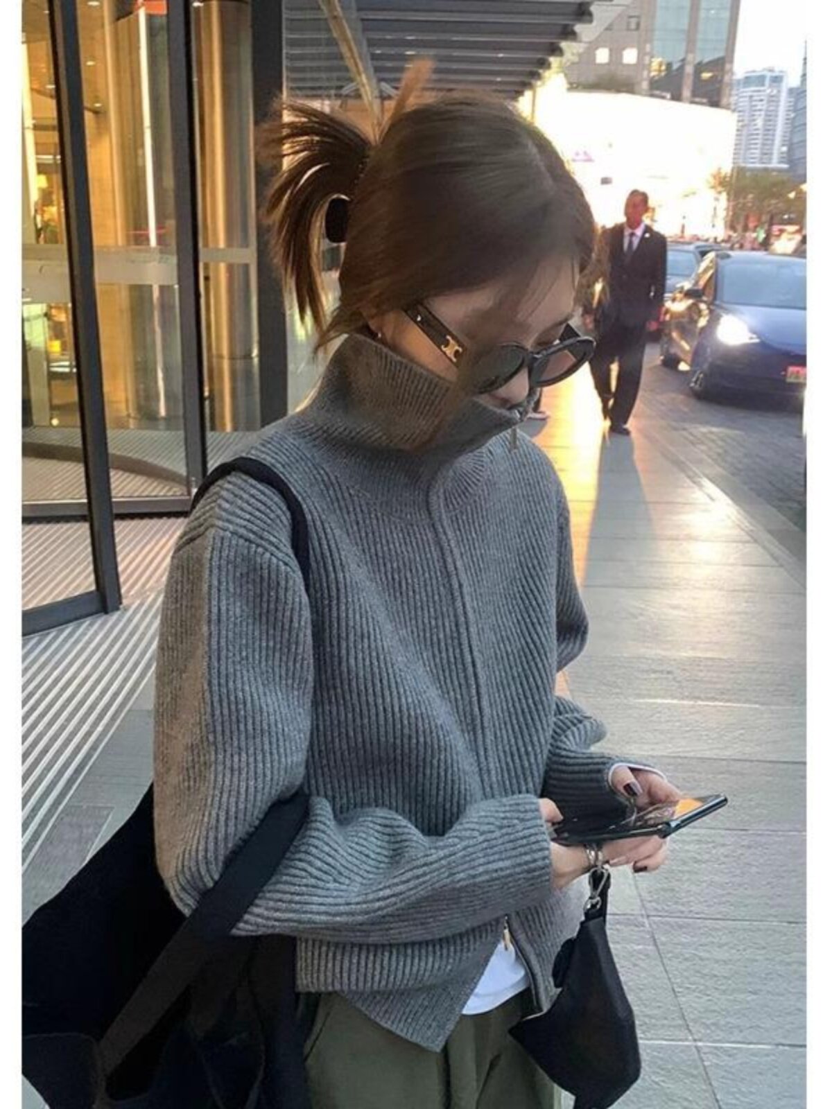 灰色双拉链高领针织衫女2025秋季新款安可雷穿搭加厚百搭毛衣外套