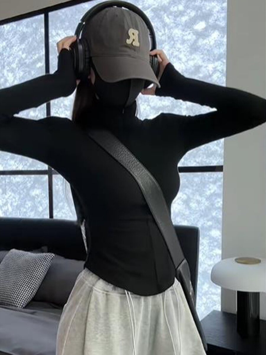 黑色立领巨好看的早秋外套女2025年辣妹修身显瘦瑜伽拉炼开衫上衣