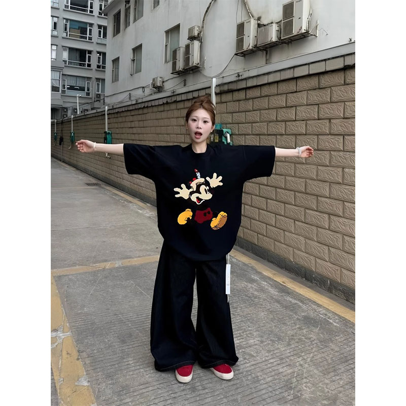 黑色卡通米奇印花短袖T恤女2025夏季穿搭美式复古宽松慵懒风上衣