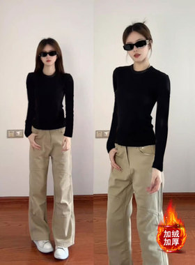 美式黑色正肩长袖t恤2026季内搭打底衫修身显瘦辣妹上衣0115k