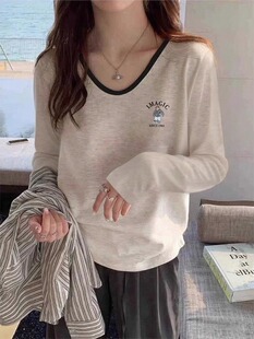 设计感撞色V领长袖T恤女2025新款时尚内搭打底衫巨好看的早秋上衣