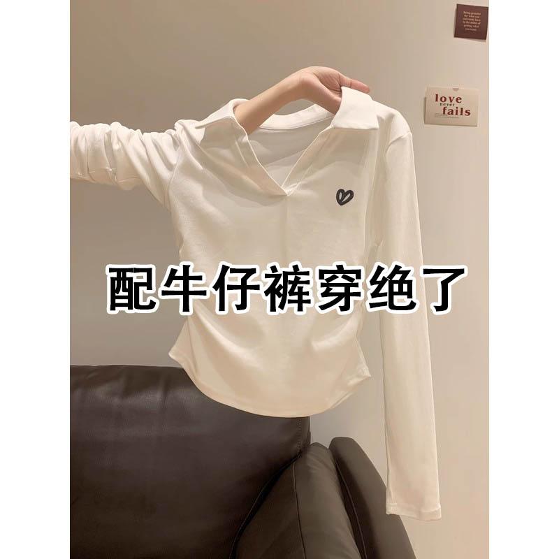 白色polo领长袖T恤女季不规则下摆翻领内搭褶皱收腰打底衫上1027r
