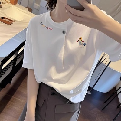 白色圆领纽扣短袖t恤女2025新款夏季薄款慵懒风宽松显瘦体恤上衣